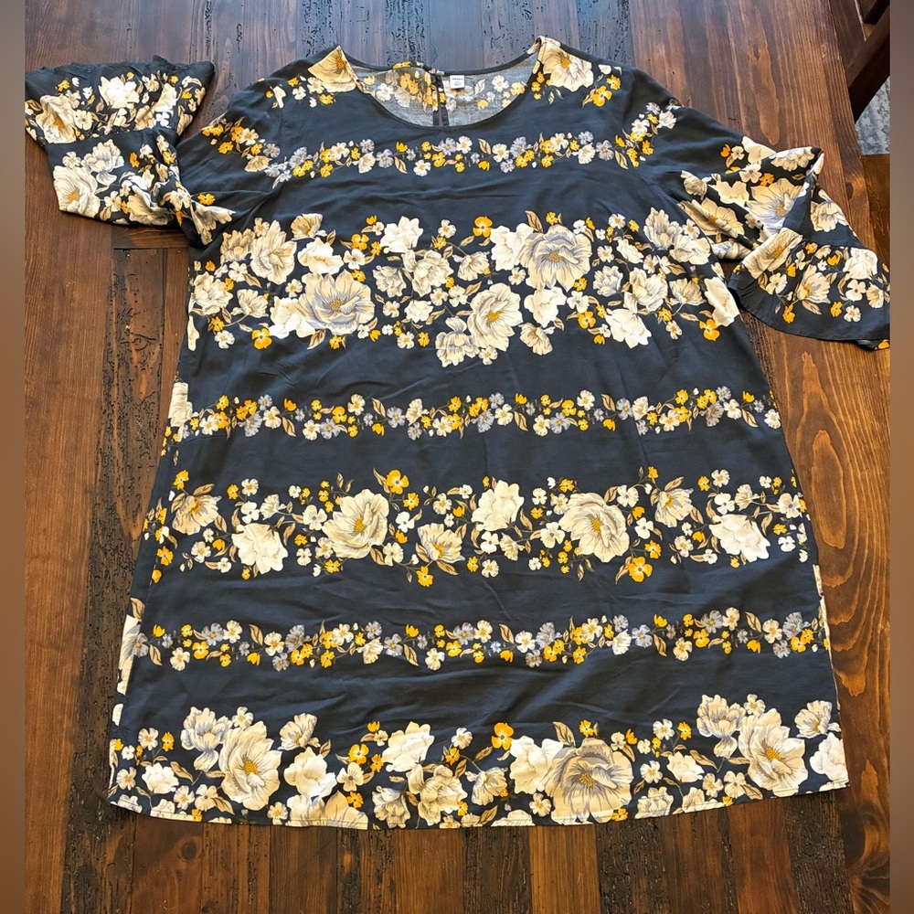 Floral Knee Length Dress Bell Sleeves Work Casual Church Cute Women's Size XXL